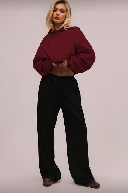 Black Wide Leg Burgundy Hooded Sweatshirt Tracksuit Set