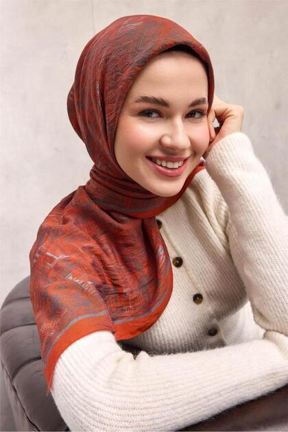 Viskose Velora Scarf Orange Maze Patterned Tok Duruşlu Non-Slip 90X90