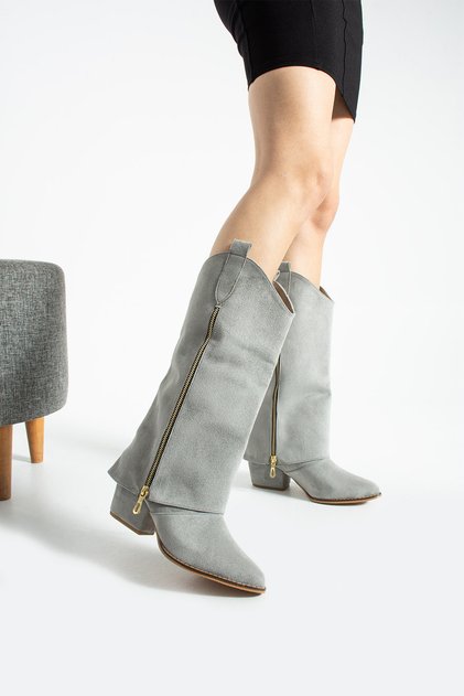 Diva Gray Suede Boots with Zipper Detail and 6 cm Heel