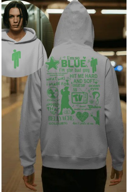 Unisex Albums and Songs Back Printed Hooded Sweatshirt, Oversized Billie Eilish Themed Hoodie