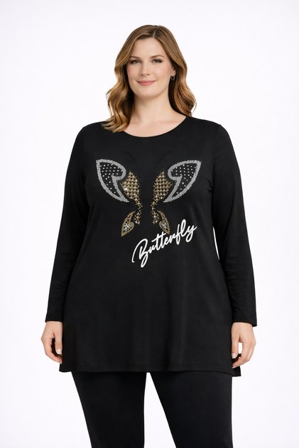 Women's Plus Size Black, Butterfly Stone Printed Viscose Long Sleeve Blouse 65N39351