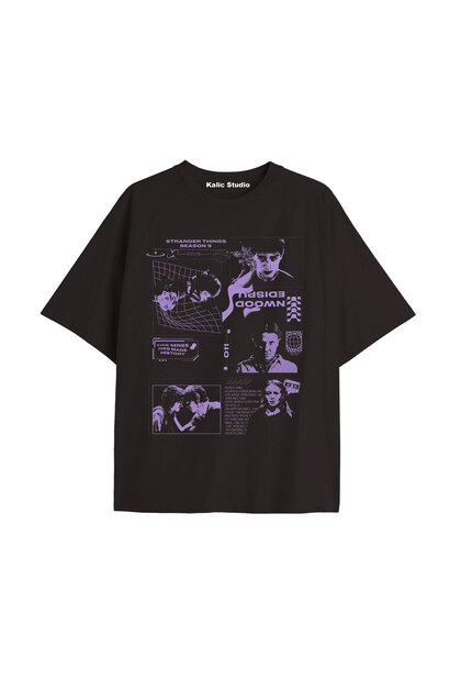 Stranger Things Baskılı oversize ünisex t-shirt siyah
