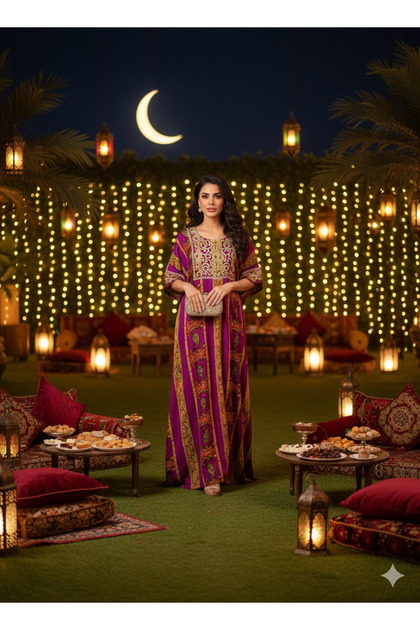 Elegant Ramadan-themed women's jalabiya – vibrant colors and luxurious embroidery for special occasions