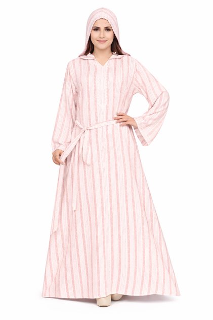 Women’s Striped Hooded Kaftan Abaya with Belt