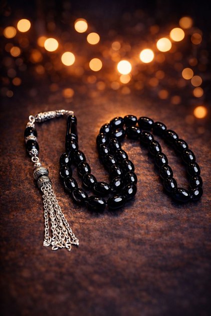 Capsule Cut Beirut Drop Amber Prayer Beads, Tassel Handcrafted Rhodium Plated