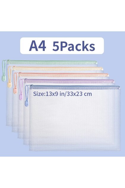 A4 5PCs Zipper Mesh Bags A4/A5 Plastic Zipper Bags For Organizing Waterproof Clear Travel Bags Offic