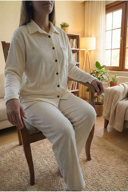 Cotton Long Sleeve Pocket Detail Women's Pajama Set
