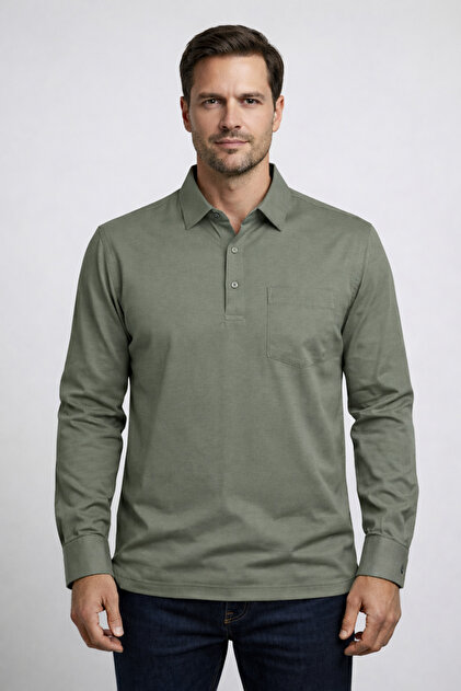 Erkek Pamuklu Gömlek Yaka Uzun Kollu Polo Tişört – Slim Fit, Cepli, Günlük şık