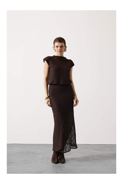 Coral Tulle Lace Long Dress 35532 Brown- Trendyol