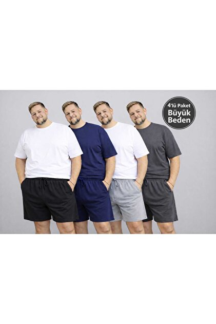 Black-Grey-Dark Blue-Smoked Comfortable Lace-Up Pocket Detailed Oversized Plus Size Men's Shorts