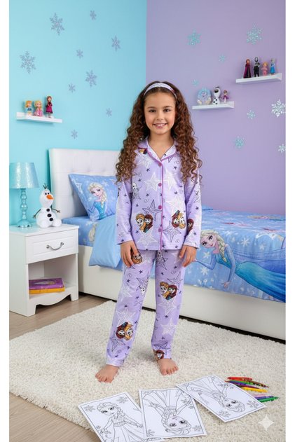 Girl's Patterned Buttoned Pajama Set Including Eye Patch 4-12 Years Old