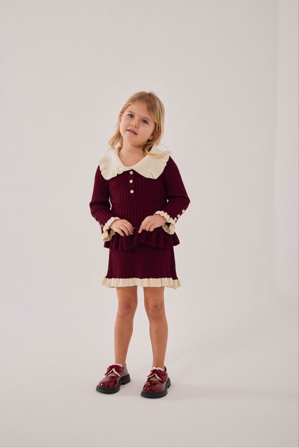 Girls' Pearl Detailed Knitwear Blouse and Skirt Bottom Top Set