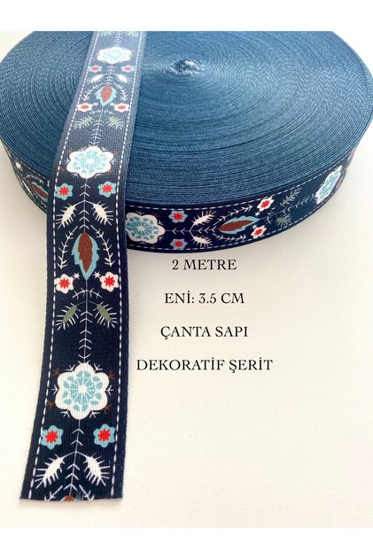 2 Metre Lacivert Çiçek Desenli Eni 3.5 Cm Çanta Askısı, Sapı, Kordonu, Kolonu, Dar Dokuma Şerit