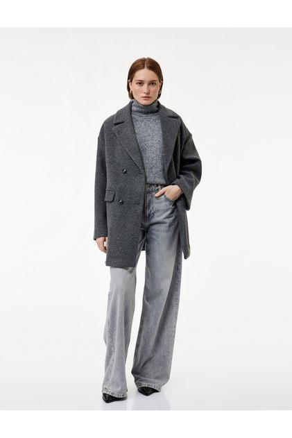Long Sleeve Buttoned Pocketed Double Breasted Cashmere Coat