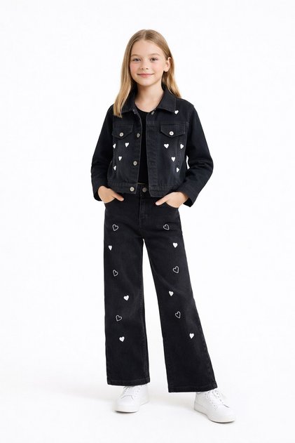Black Heart Patterned Buttoned Jacket and Trousers Girls' Jean Set 23476
