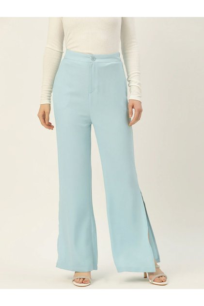Women Blue Side Slit Wide Leg Trousers