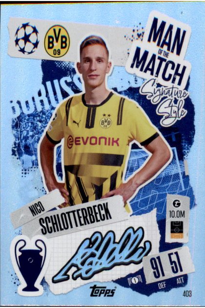 Match Attax Uefa Club Competitions Man of the Match Signature Style 403 Nico Schlotterbeck