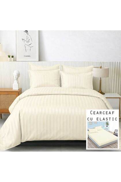 Lenjerie de pat Damasc, Pucioasa, 2 Persoane, Pat dublu, 6 piese, Cearceaf cu elastic