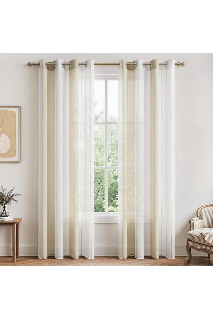 Perdele cu inele semitransparentă, 140 x 225cm, set de 2, alb-bej