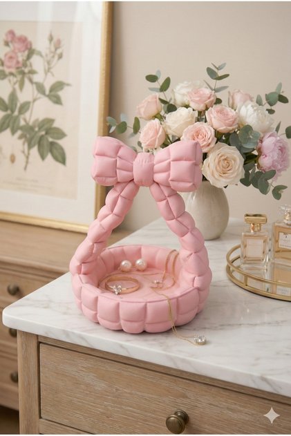 Decorative Bowknot Pouf Jewelry Box - Pink Ring and Earring Organizer
