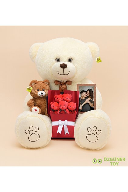 Gift Set for Lover – 120 cm Large Plush Bear + 25 cm Small Teddy Bear + Teddy Bear Bouquet + Frame