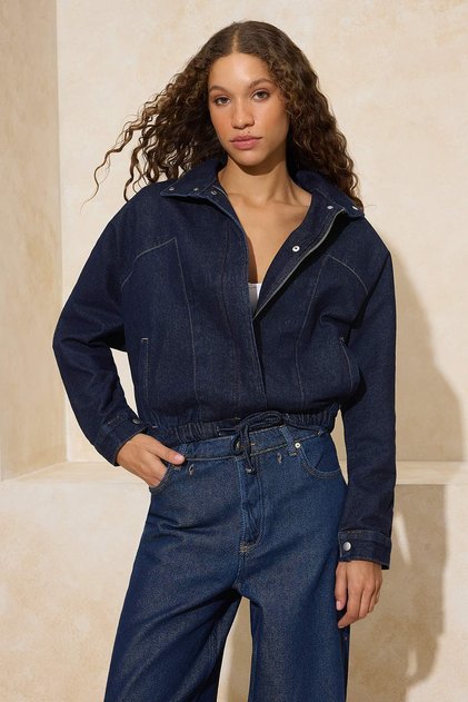 Dark Blue Mock Neck Bomber 100% Cotton Denim Jacket Twoss26Ce00003
