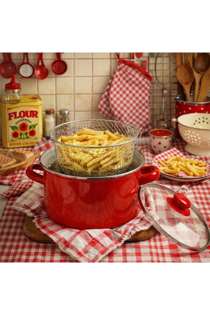 Orange Enamel Deep Frying Pot Oil-Saving Medium Size 3.4 Liters 22 cm Diameter