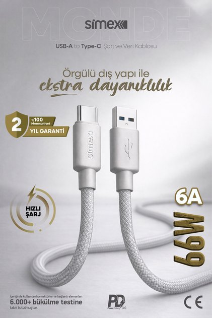 66W USB to Type-C Süper Hızlı Şarj Kablosu - Samsung, Huawei, Honor, Vivo, Uyumlu Gri, 1 Metre