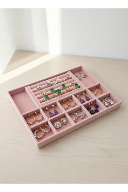 Yerli Üretim Istanbul Model Süet Kumaş Pembe Renk Çekmece Içi Takı Düzenleyici Stand