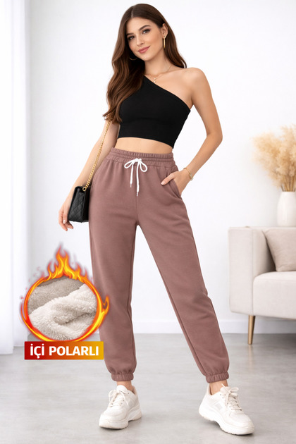 Women's Brown Winter Thick Ribbon 3 Thread Sweatpants Trousers