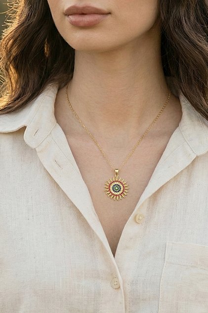 14K Altın Kaplamalı 925 Ayar Gümüş Güneş Kolye - N075701