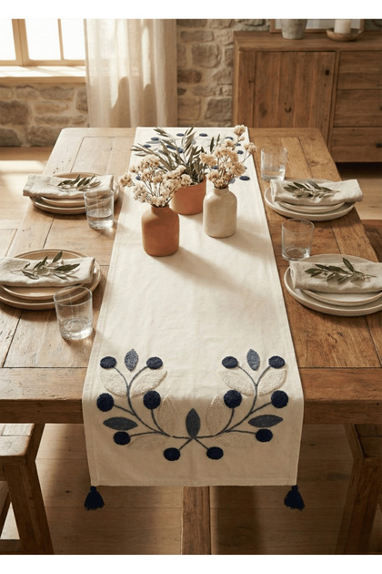 Buldan Handwork Floral Pattern Embroidered Blue Tasseled Cotton Runner (40X130 cm)