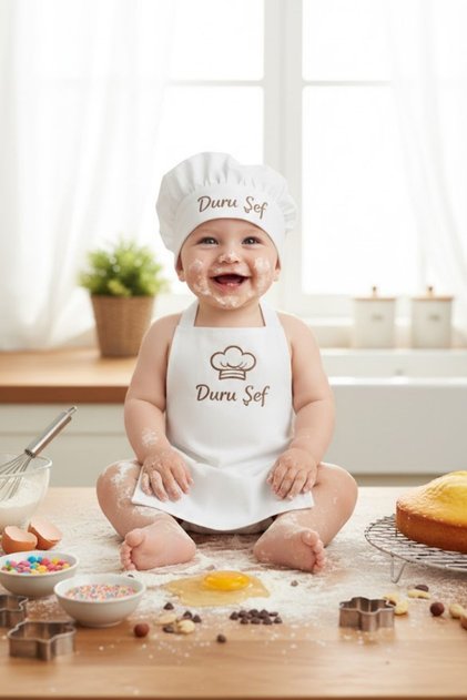 İsme Özel Bebek Aşçı Kostümü – Pamuklu Ham Keten - Fotoğraf Çekim Kıyafeti