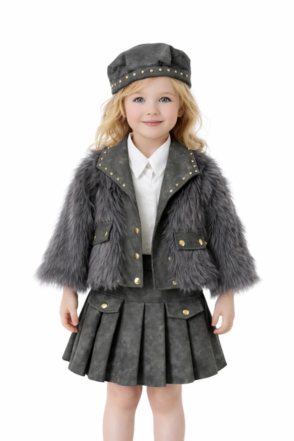Girl's Fur Leather Skirt 4-Piece Gray Set
