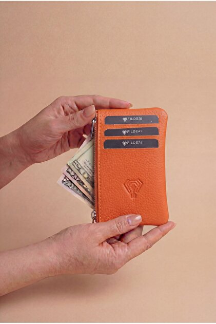 Genuine Leather Zippered Mini Coin Compartment Women's Orange Color Card Holder 2126