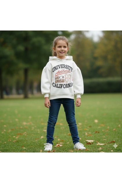 Girl's Sweat Shirt Hooded Rose Gold University Printed Off White