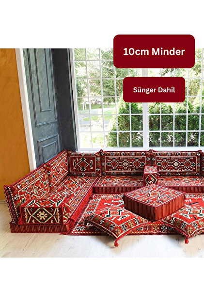 Otantik Şark Köşesi Takımı Kırmızı Anadolu 13 Parça (Kilim ve Puf Dahil Süngerli Sedir Seti)