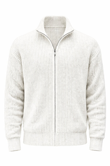 【ヒロユキ④】 Valiberta Woody Oversize Selanik Örme Fermuarlı Erkek Hırka- Ekru