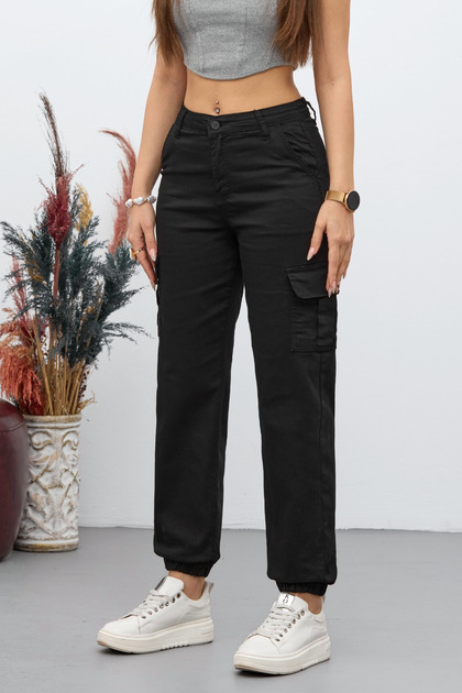 Black Cargo Pocketed Gabardine Fabric Trousers
