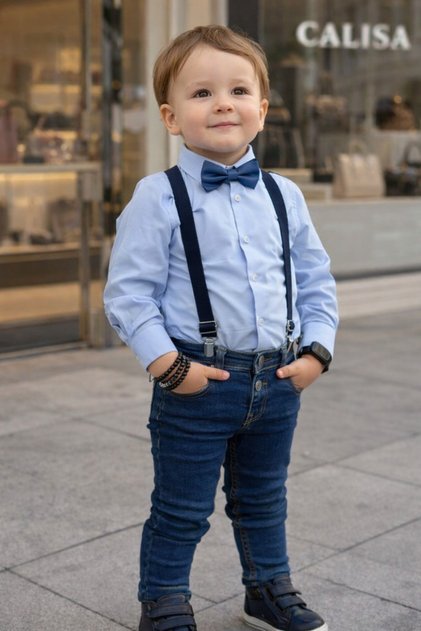 Boys Shirt Bow Tie and Suspender Jeans Pants Jean Suit |   Holiday Set - Calisa Kids