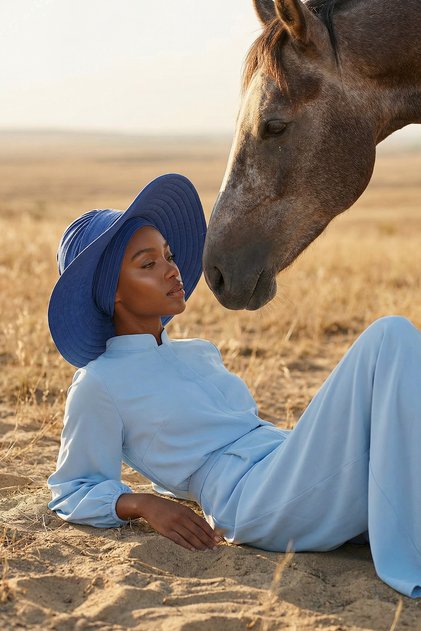 Combed Cotton Bonnet Turban with Detachable Bow on the Back, S-4, Indigo