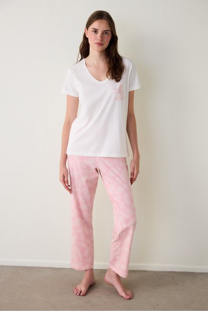 Pembe Çiçek Desenli Pamuklu V Yaka Kısa Kollu Pijama Takımı