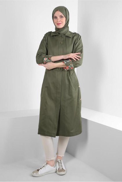TRENCH COAT 10771 WITH PATTERNED CUFFS AND BELT