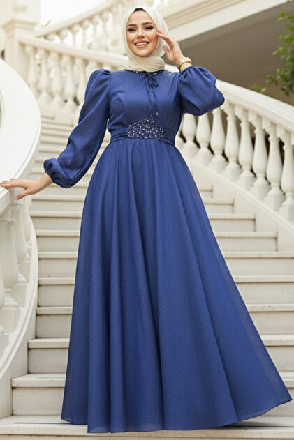 Neva Style Balloon Sleeve Navy Blue Hijab Evening Dress 45581L- Trendyol