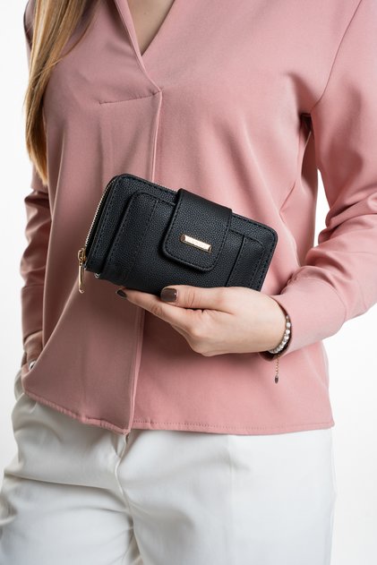 Women's Black Leather-Look Zip Wallet with Card Holder Compartments, Stylish Medium Hand Wallet, Lucky Wallet