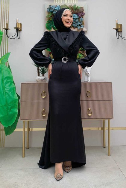 Satin Evening Dress with Feather Train Belt Accessory 3869 Black