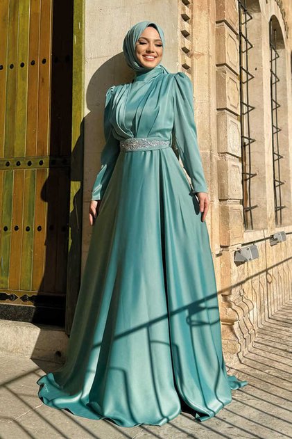 Rochie de seara din satin cu accesorii curea cu strasuri 3863 Mint