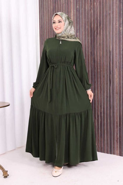 Kleid mit elastischen Rüschen und Reißverschluss an den Ärmelbündchen 6001 Khaki