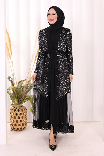 Detaliu broderie din tul Abaya cu paiete Argint 7376