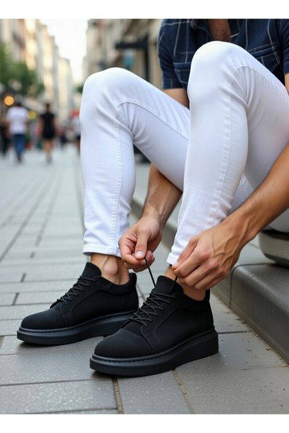 Men's Black Casual Lace-Up Leather Comfortable Sneaker Flexible Thick Comfortable Sole Walking Shoes